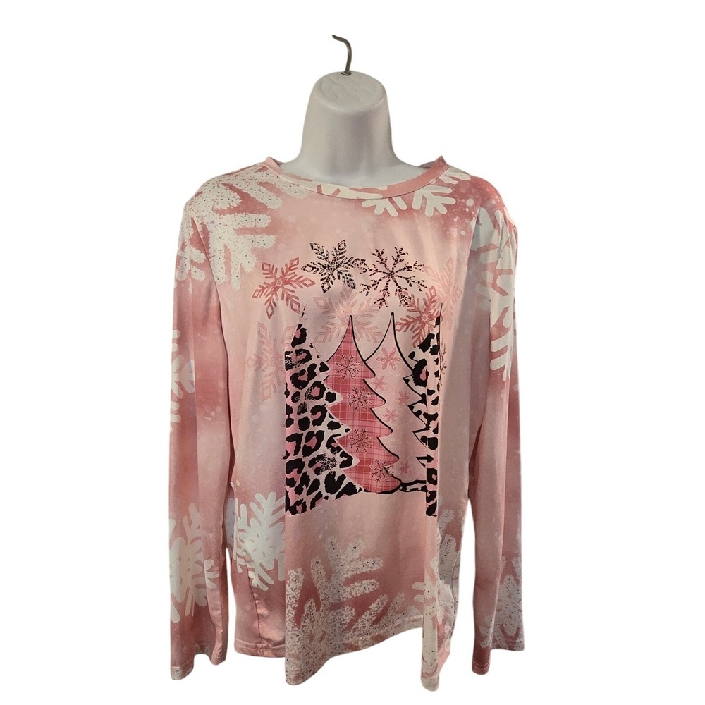 SHEIN Pink Snowflake Christmas Tree Bleached Tie Dye Long Sleeve TShirt XL /0116